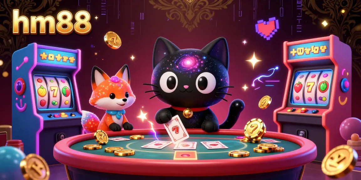 Engage with thrilling games at hm88, featuring a cosmic casino with vibrant elements and animated characters.