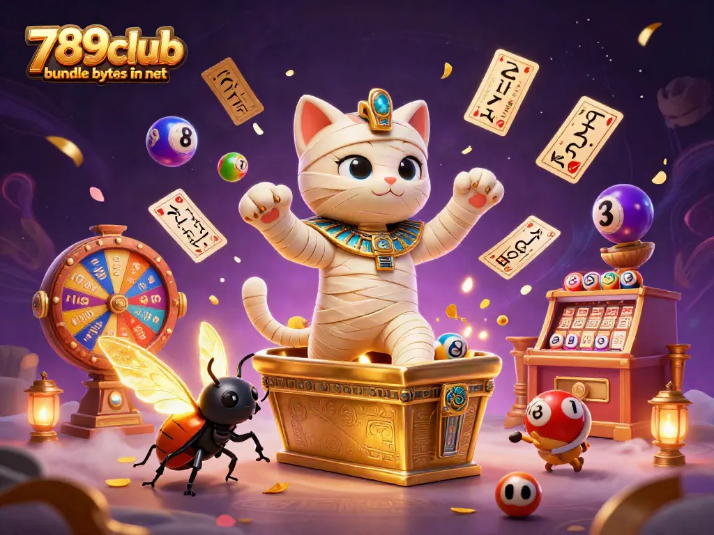 Engage with 789club bundle bytes in net showcasing a vibrant pyramid casino scene with an Egyptian mummy cat, golden sarcophagus, and lottery elements.