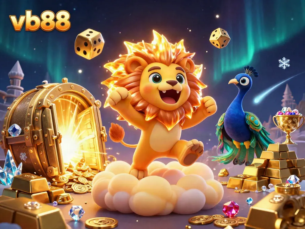 Experience the thrill of vb88 with a vibrant scene featuring a majestic sun lion, golden dice, and rich casino elements.
