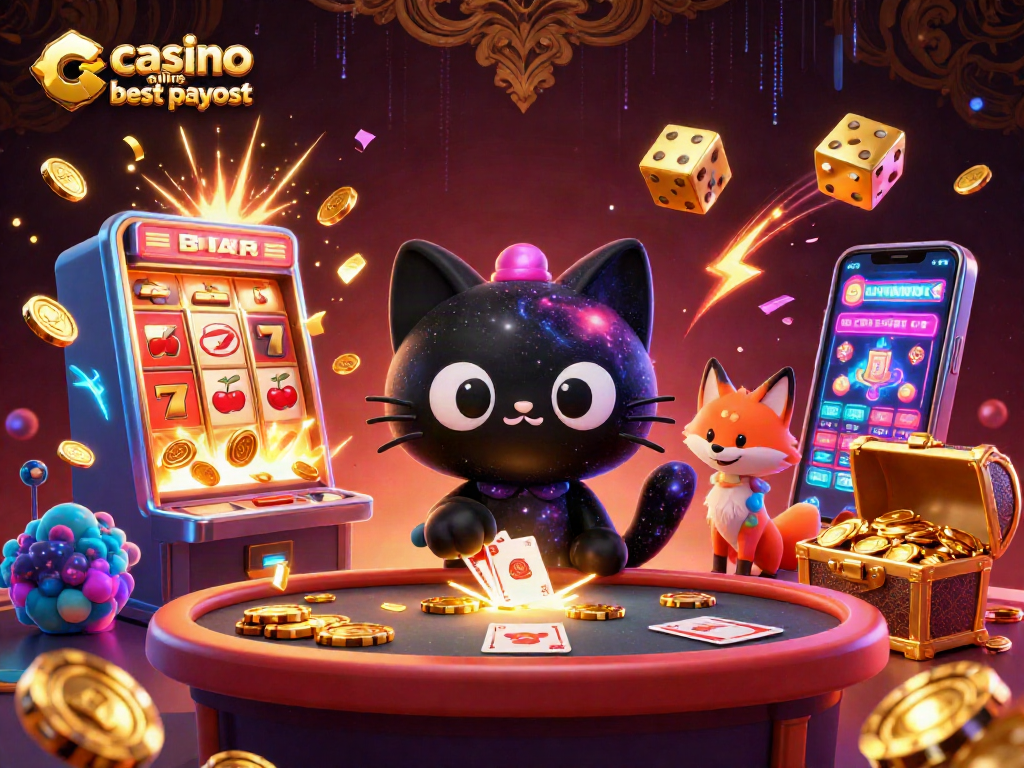 Casino online best payout visualizing a cosmic-themed casino scene filled with dynamic characters and vibrant game elements.