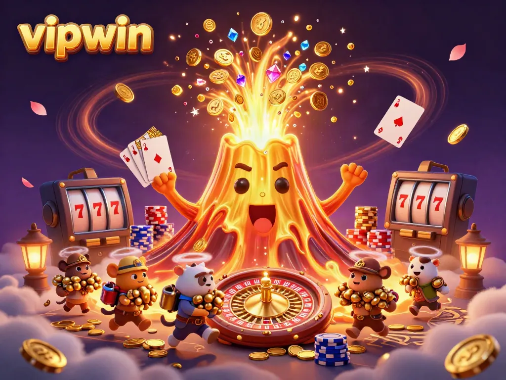 Experience thrilling moments with vipwin at this exciting 3D casino scene featuring a golden volcano erupting treasure.