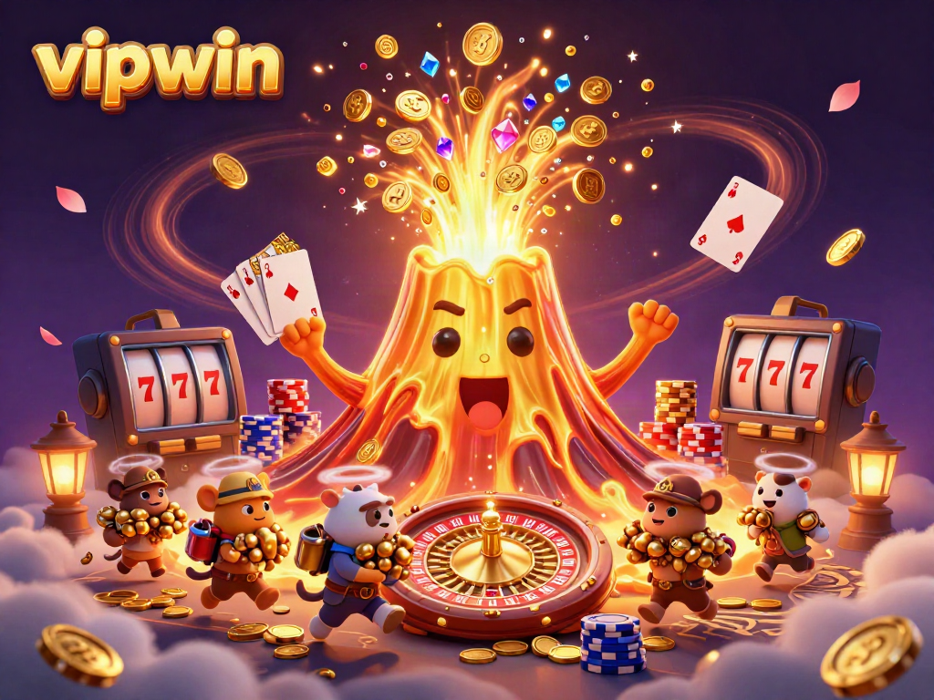 Experience thrilling moments with vipwin at this exciting 3D casino scene featuring a golden volcano erupting treasure.