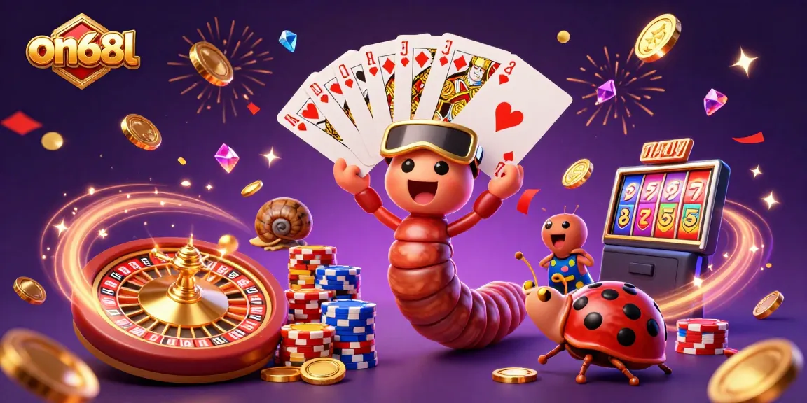 Experience excitement at on68l with a lively 3D scene of a cartoon dealer, high-roller, and fun elements.