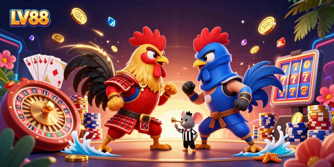 Engage in thrilling battles with LV88: Fighting roosters soar amidst golden coins and casino games.