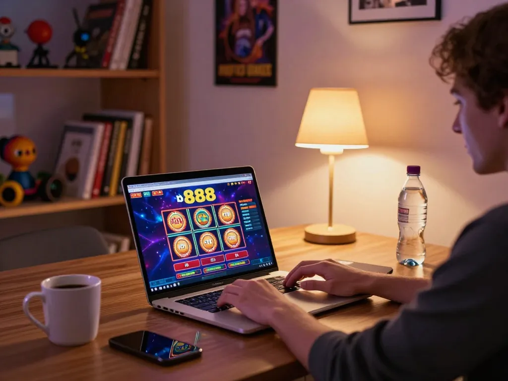 Engaging online gambling scene featuring slot888 interface on a laptop set in a cozy home environment.