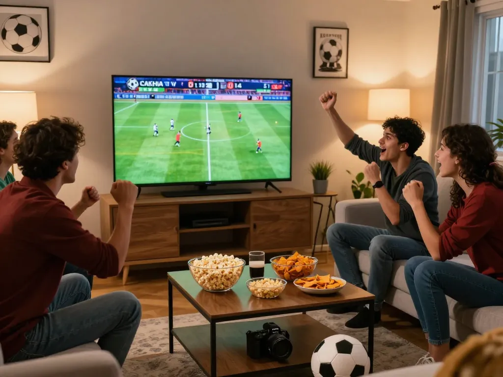 Exciting football viewing experience at home with friends using CakhiaTV for live matches.