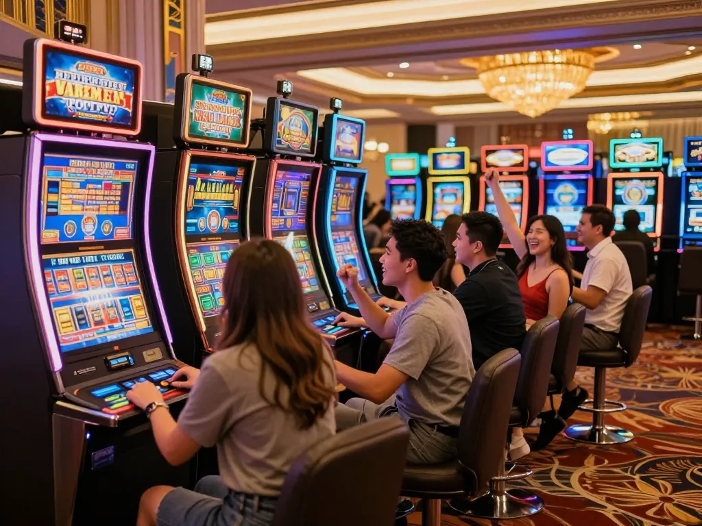 Players enjoying exciting slot machine wins in a vibrant casino setting