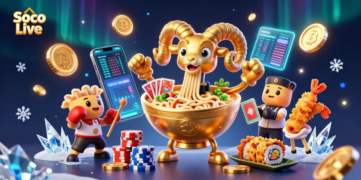 Soco Live features an exhilarating scene with a giant ramen bowl, crypto coins, and vibrant characters delivering a dynamic gambling environment.