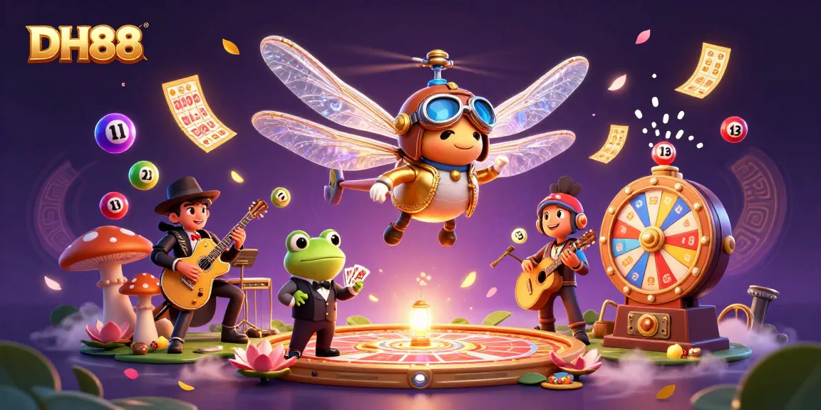 Experience thrilling excitement at DH88 with a vibrant casino scene featuring a dragonfly pilot and frog croupier.