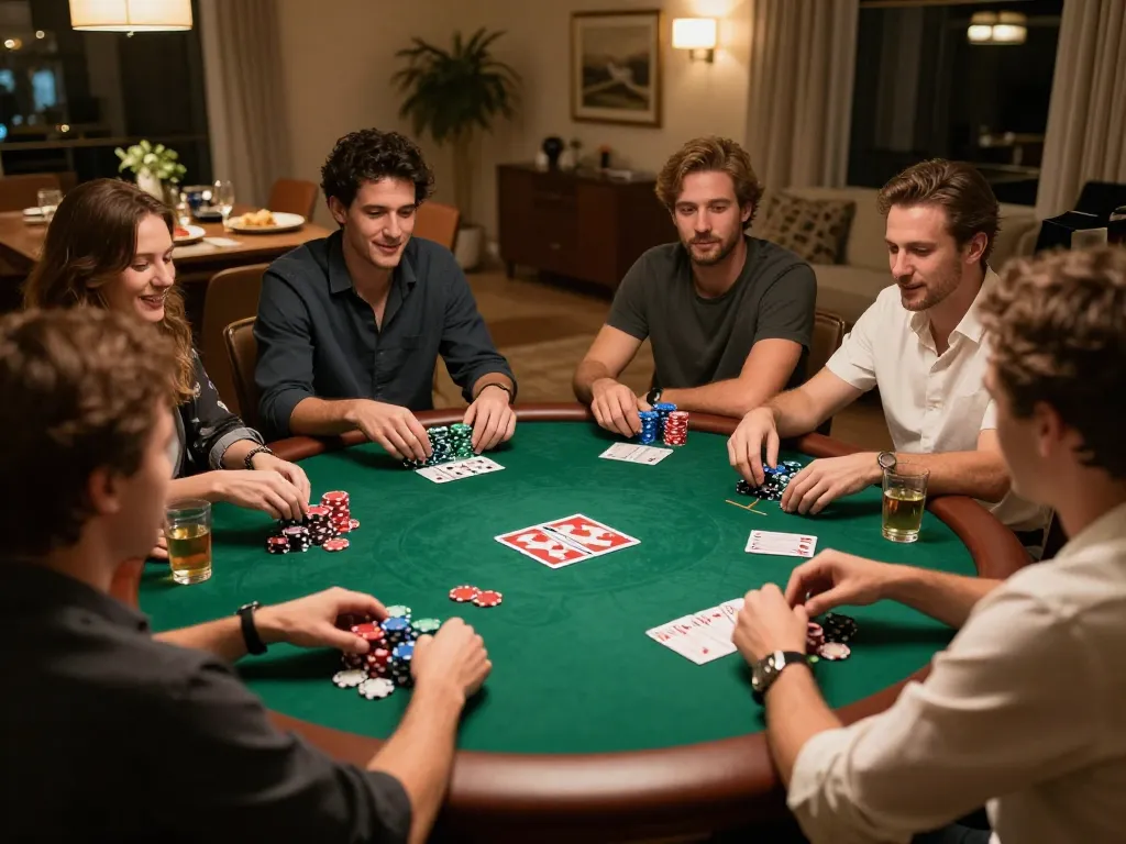 Friends enjoying a poker night at home with sc88 games and vibrant chips on the table.
