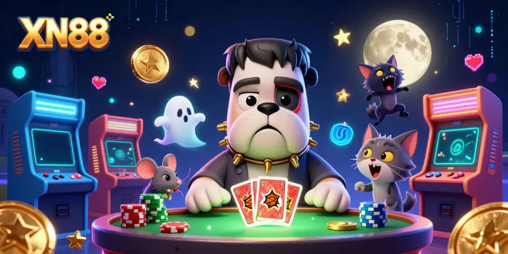 Experience XN88's thrilling casino world with a Frankenstein bulldog dealer, ghost mouse, and a werewolf kitten!