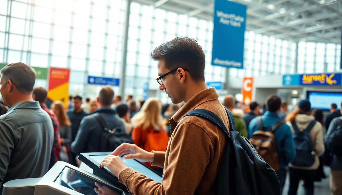 Submitting an eta application uk at a bustling airport terminal with travelers around.