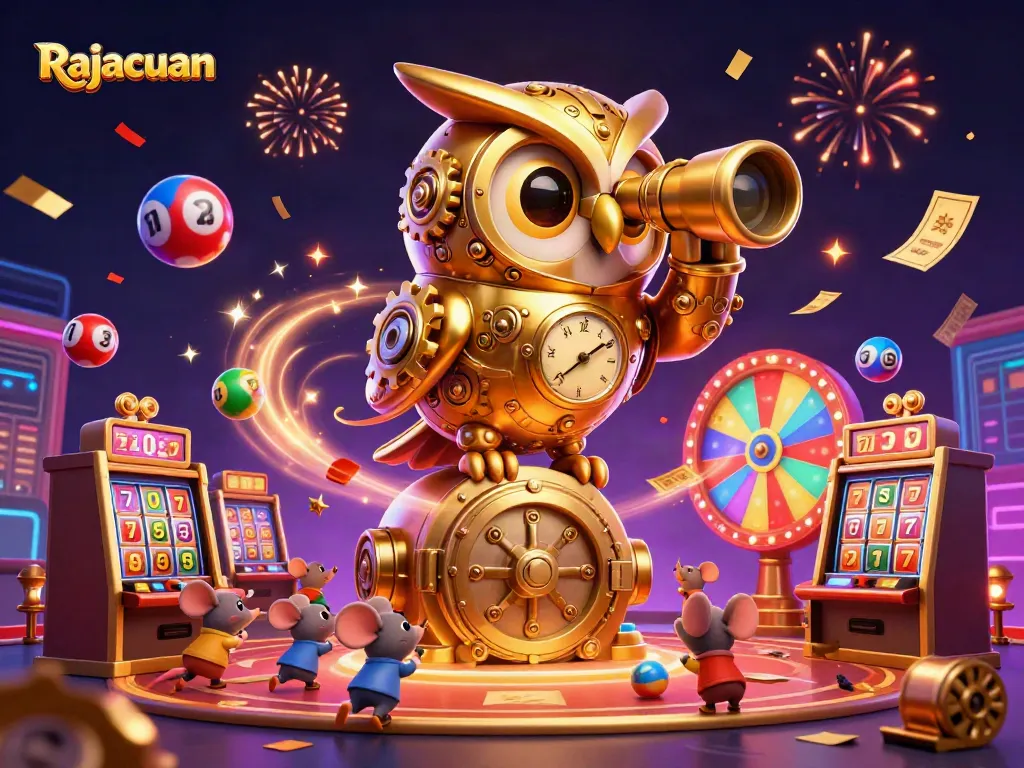 Engage with Rajacuan's thrilling casino experience featuring a golden owl and vibrant slot machines.