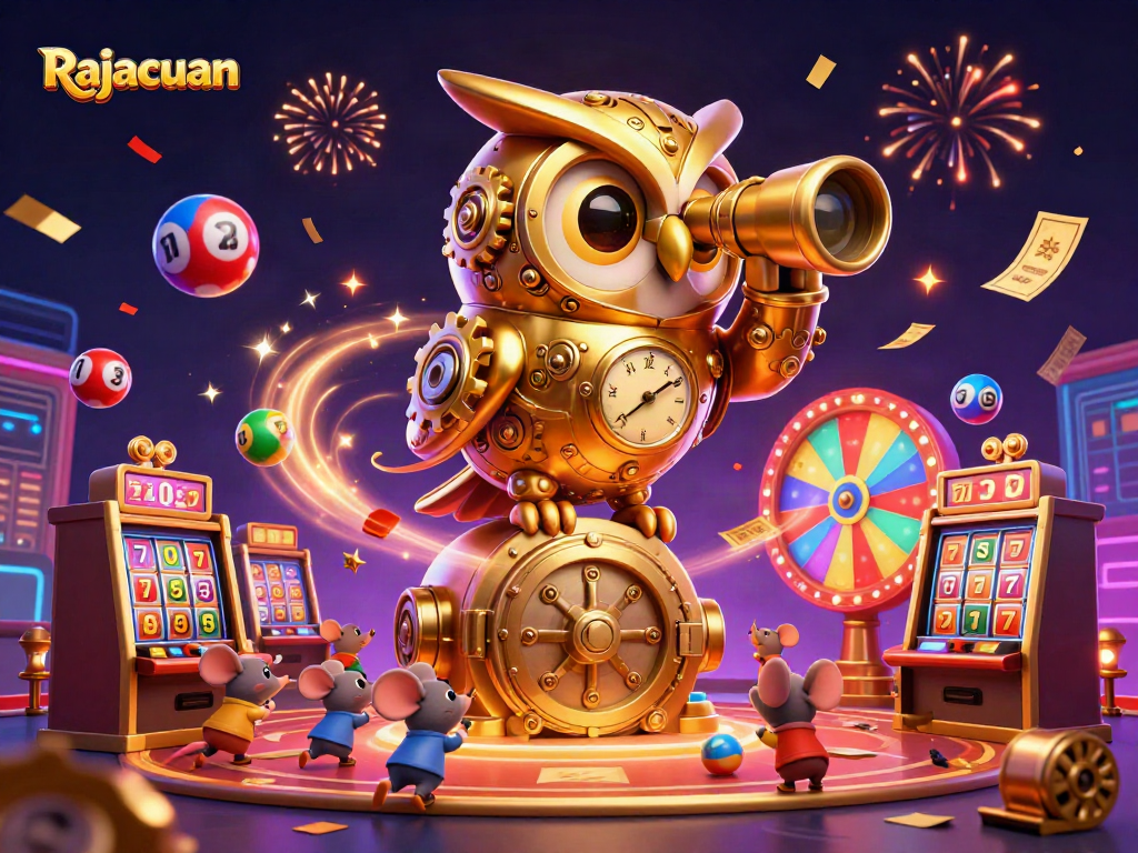Engage with Rajacuan's thrilling casino experience featuring a golden owl and vibrant slot machines.