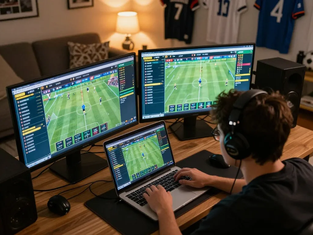 F8BET user analyzing sports betting odds on a laptop, showcasing strategic gaming excitement