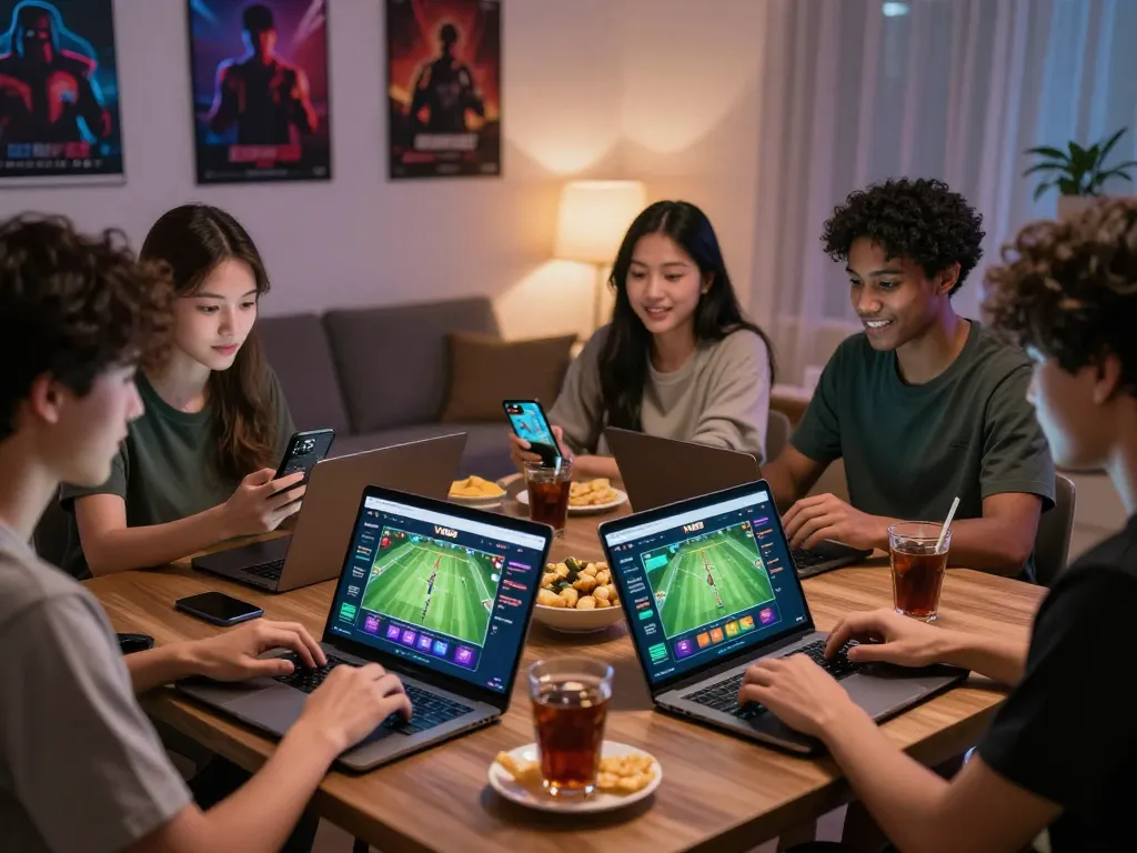 Friends enjoying online betting on VN88 platform in a cozy atmosphere, showcasing engagement and excitement.