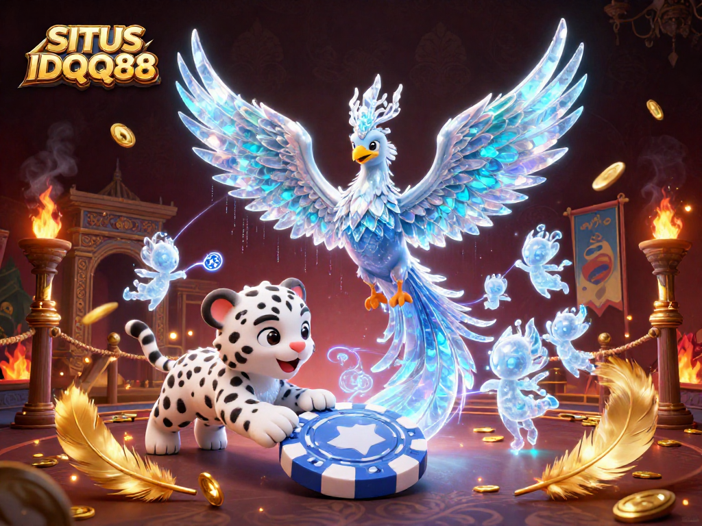 Engage with SITUS IDQQ88's ice phoenix, snow leopard cub, and glowing sprites in a vibrant casino scene.