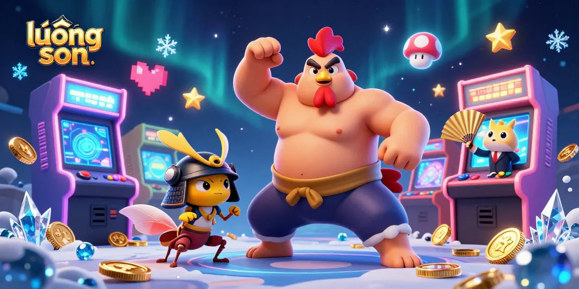 Lương Sơn features a powerful sumo wrestler rooster and samurai cricket in an exciting casino gaming scene.