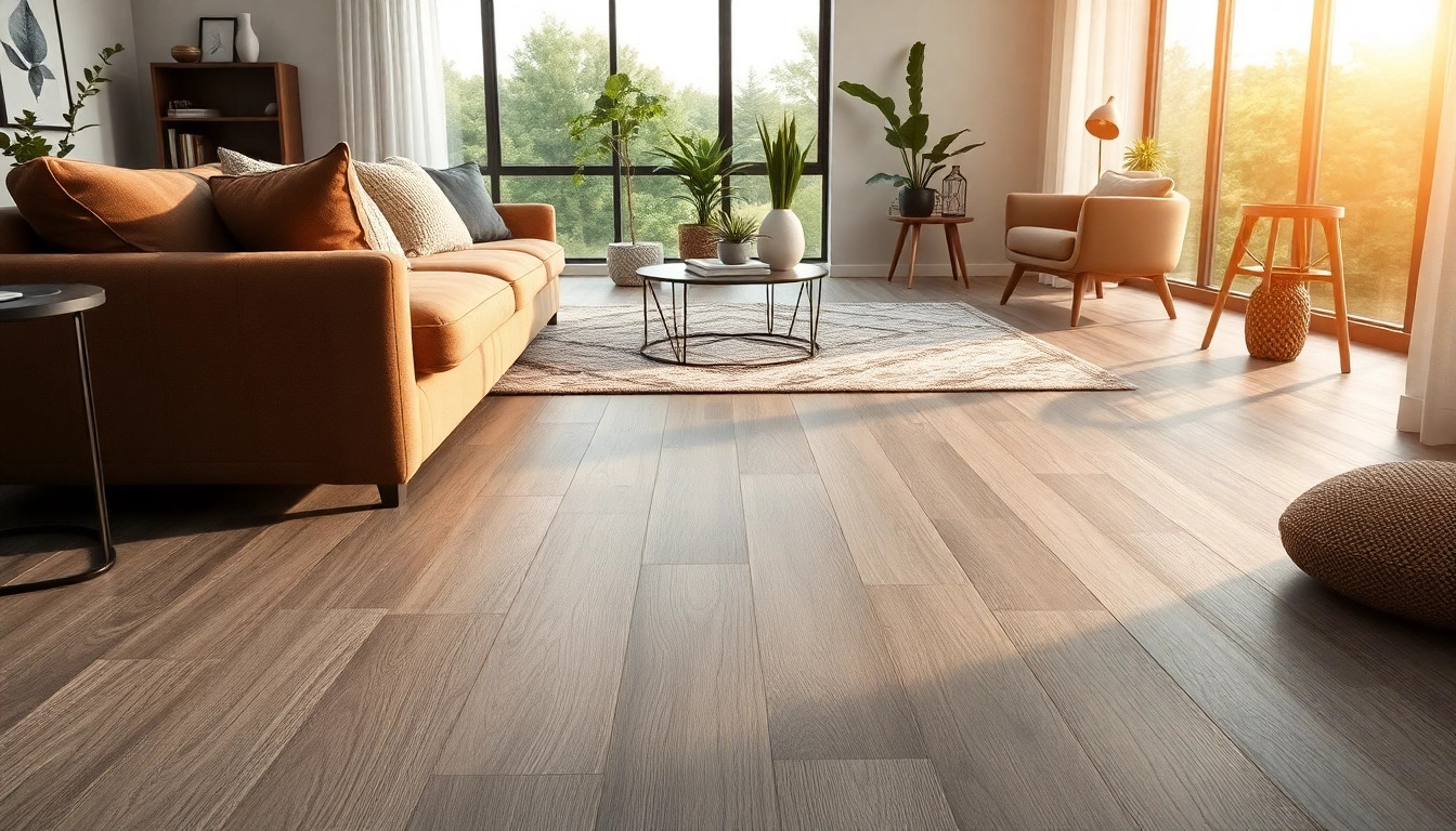 Install grey vinyl flooring in a modern living room, highlighting its smooth texture and elegance.