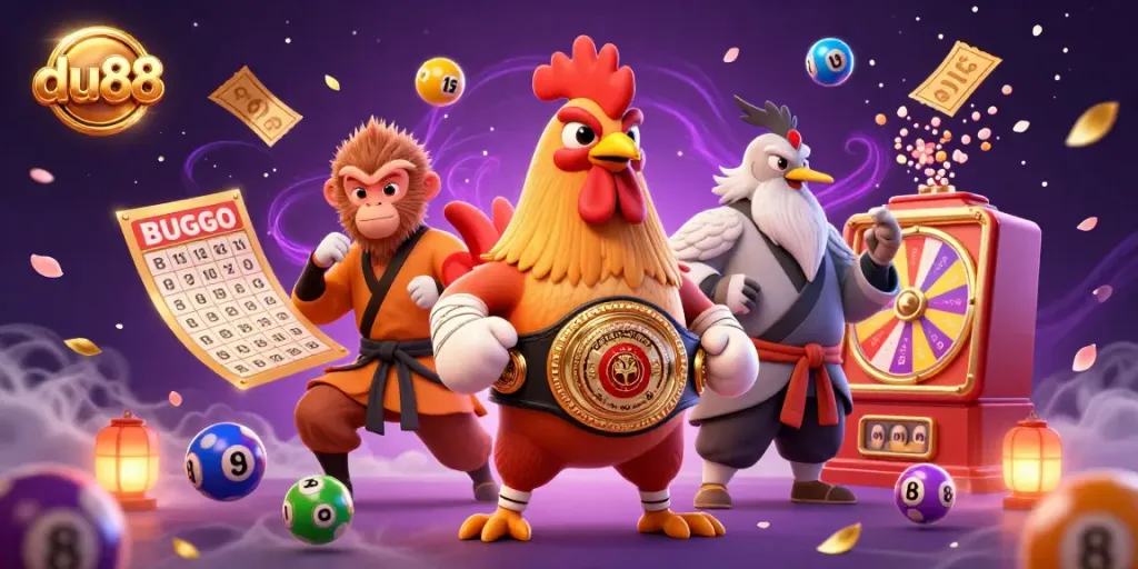 Engage in exhilarating moments at du88 with a vibrant 3D illustration featuring lively characters surrounded by dynamic gaming elements.