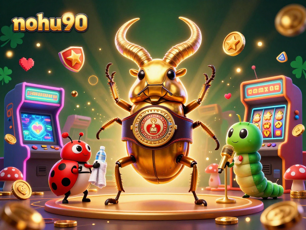 Nohu90 introduces thrilling arcade slots with a golden stag beetle champion amidst exciting gaming elements.