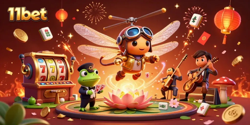 Engage with dynamic 11bet casino scene showcasing vibrant characters, slot reels, and festive elements.
