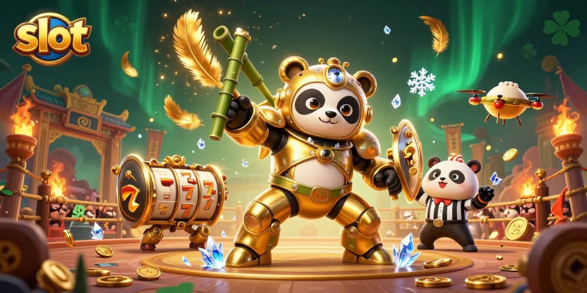 Engage in thrilling slot action with a mech-suit panda in an exciting casino arena.