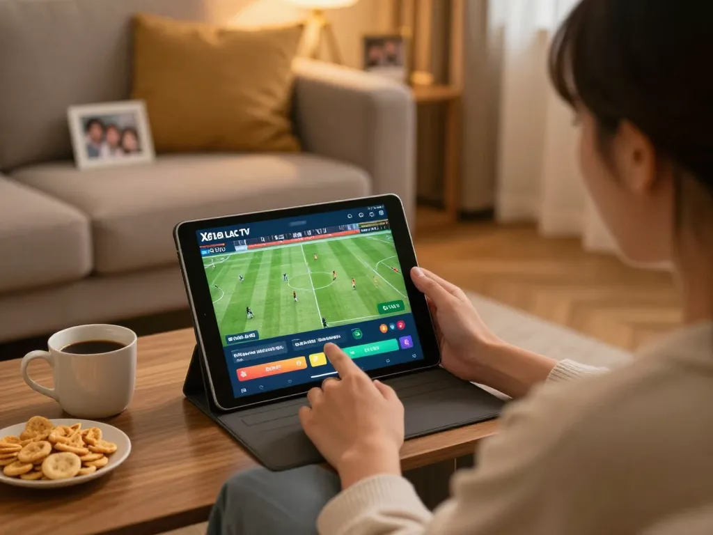 Xôi Lạc TV user engaging with sports streaming interface while relaxing at home.