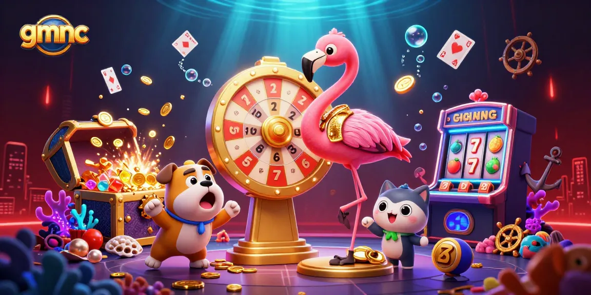 Engage with gmnc’s vibrant casino scene featuring cartoon characters and explosions of coins.