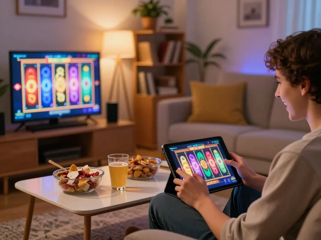 Player enjoying online slots on a tablet in a cozy living room, highlighting rachit gaming experience