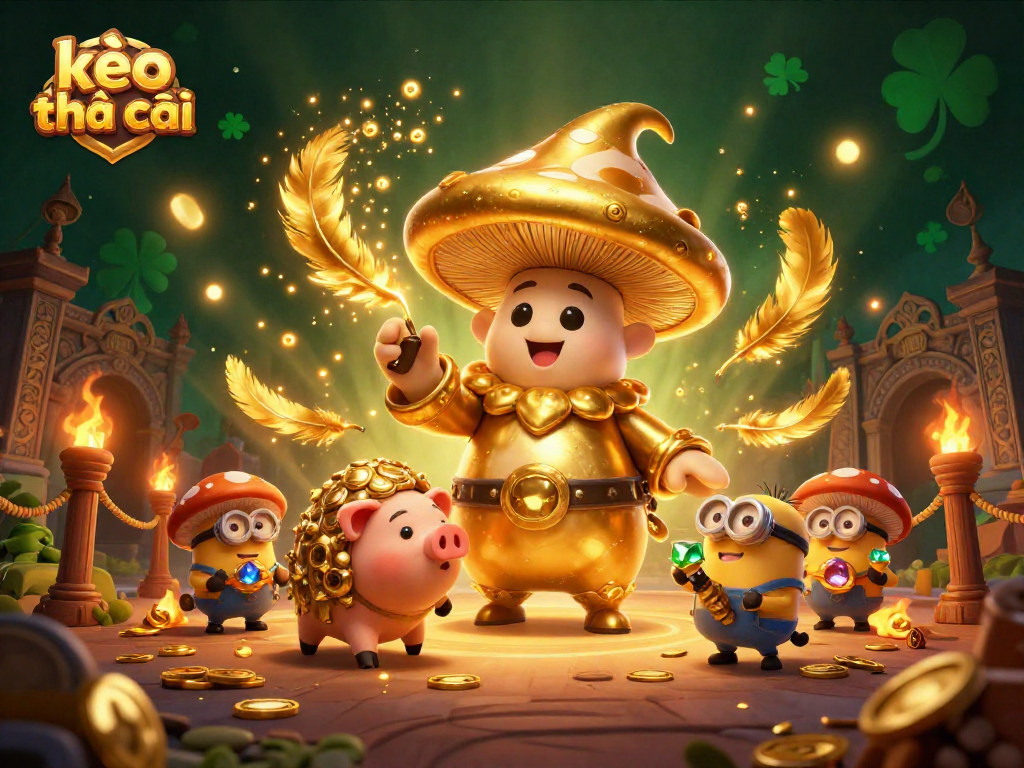 Engaging gaming scene showcasing kèo nhà cái with a magical mushroom wizard and treasure elements.