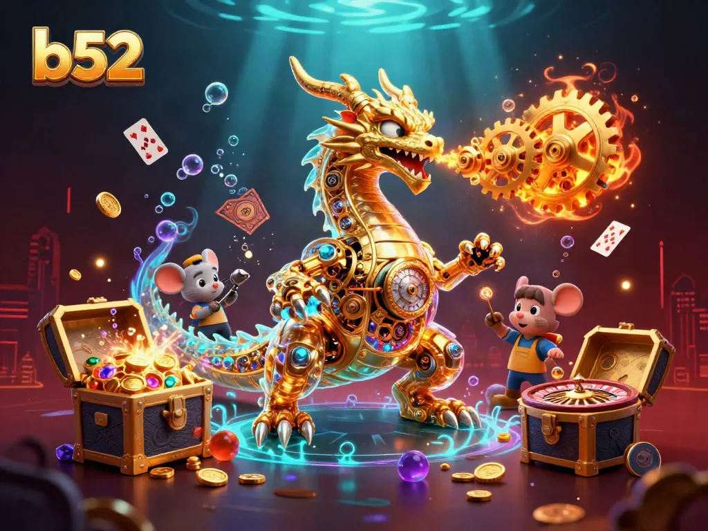Join the b52 excitement with a golden dragon scene, vibrant treasures, and roulette action!