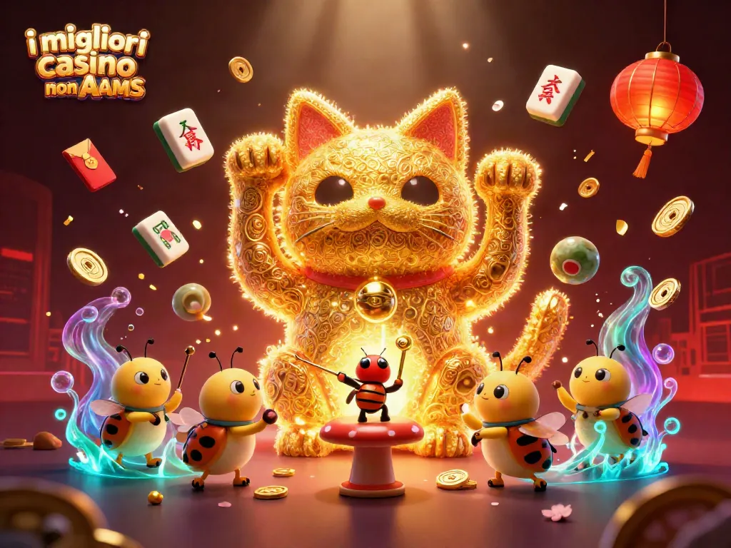 Scopri i migliori casino non AAMS con il gatto fortunato e simboli casinò scintillanti.