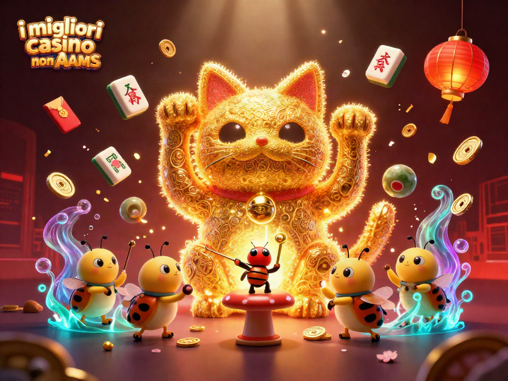 Scopri i migliori casino non AAMS con il gatto fortunato e simboli casinò scintillanti.