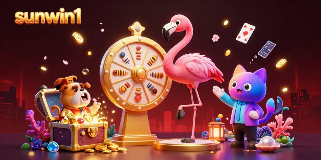 Experience sunwin1 excitement with a vibrant 3D scene of a game show host and contestants spinning prizes.