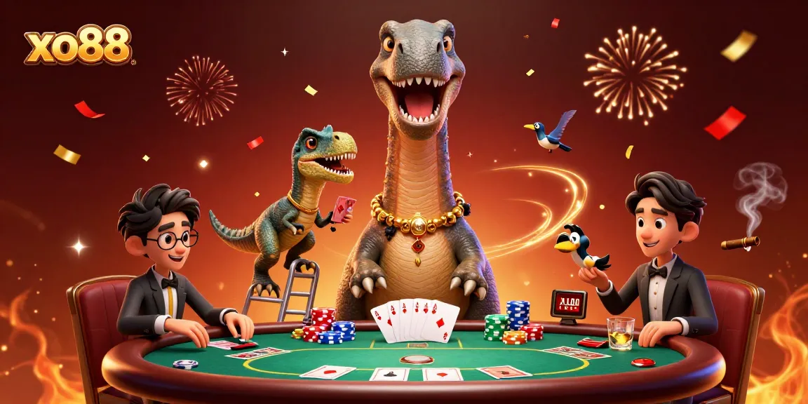 Experience the thrill of xo88 as cartoon dinosaurs engage in a lively poker game amidst casino excitement.