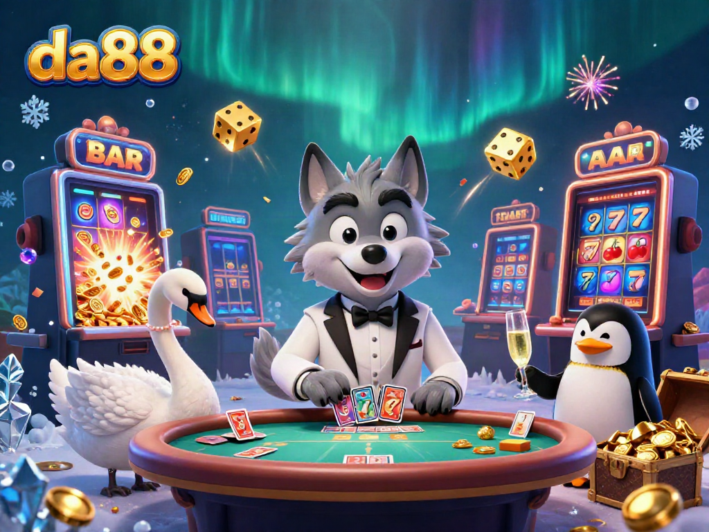Experience high-stakes play at da88 with a vibrant 3D casino illustration featuring a wolf, swan, and penguin.