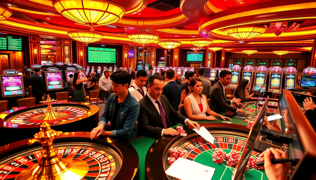 Experience thrilling casino action with 8kbet, featuring poker chips, roulette wheels, and engaged players.