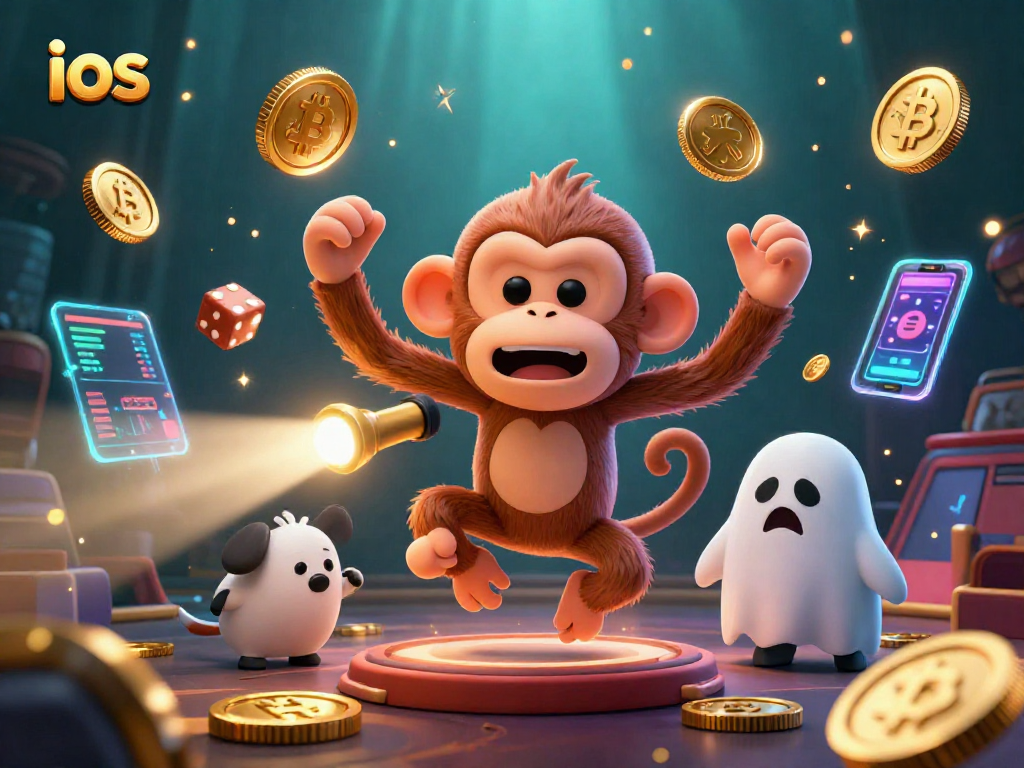 ios players enjoy thrilling casino games while a playful ghost-hunter puppy tracks a mischievous monkey.