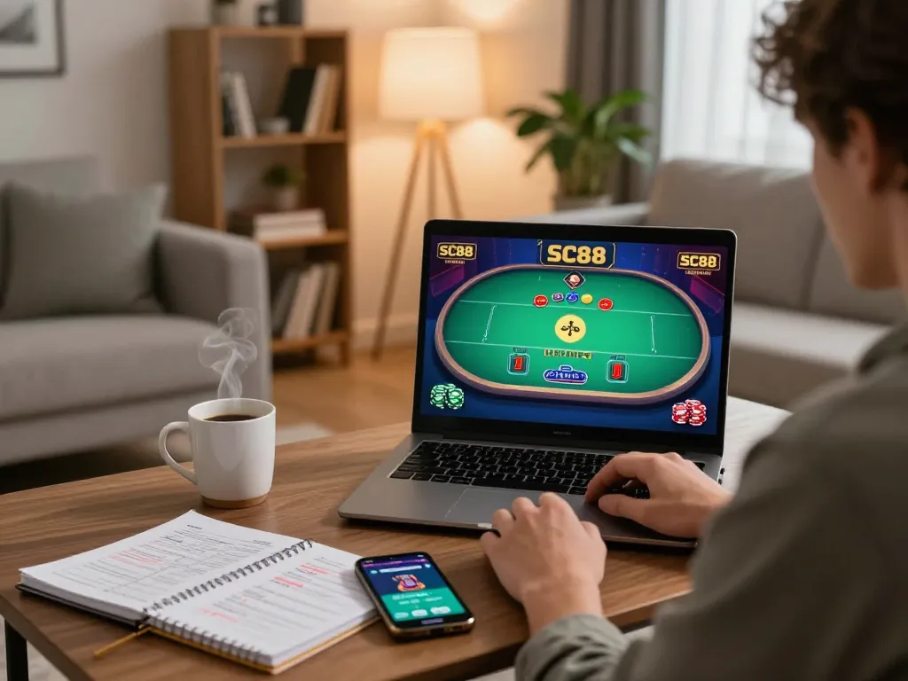 Player strategizing SC88 gameplay on laptop with live dealer, creating a responsible gaming environment at home.