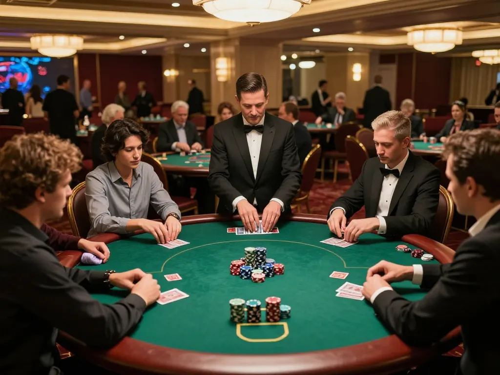 LC88 players engaged in intense poker gameplay at a luxury casino, showcasing strategic betting.