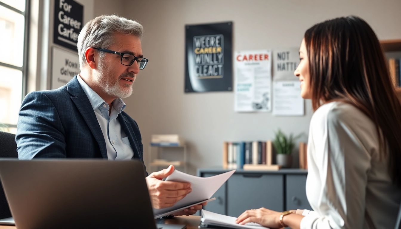 Career coaching session with a professional coach guiding a client in a modern office.