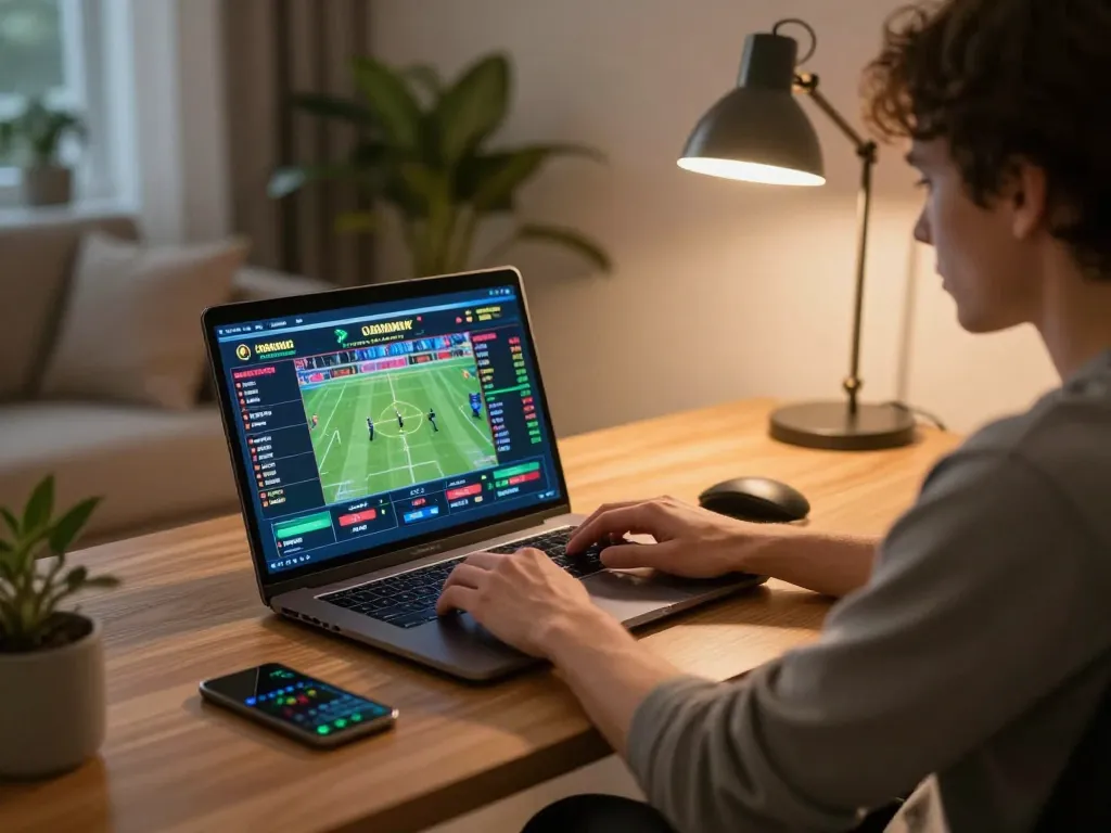 Engaging in live betting with keonhacai, user focused on laptop screen displaying real-time sports odds.