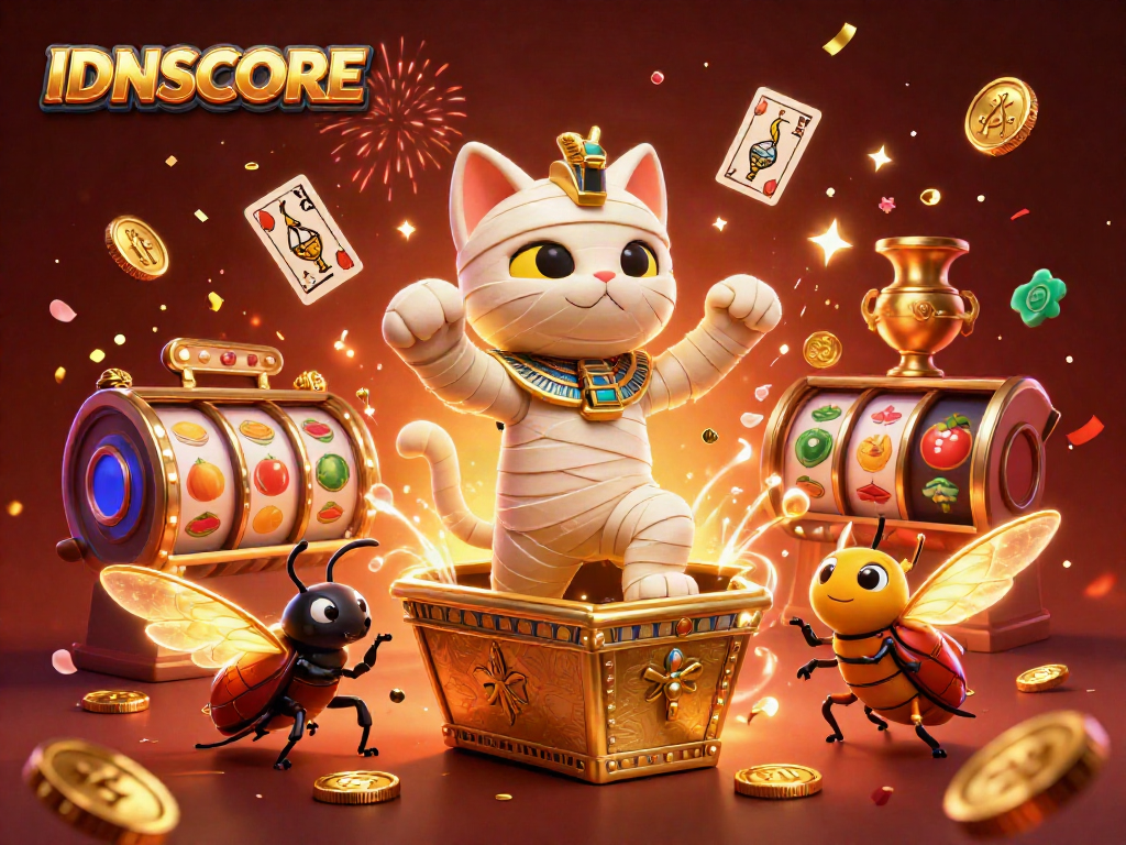 Experience thrilling slot excitement with IDNSCORE's vibrant casino scene featuring a mummy cat and scarab beetle.