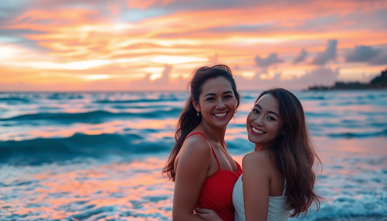 Capture of Destination photographer documenting a couple's sunset moment on a tropical beach.