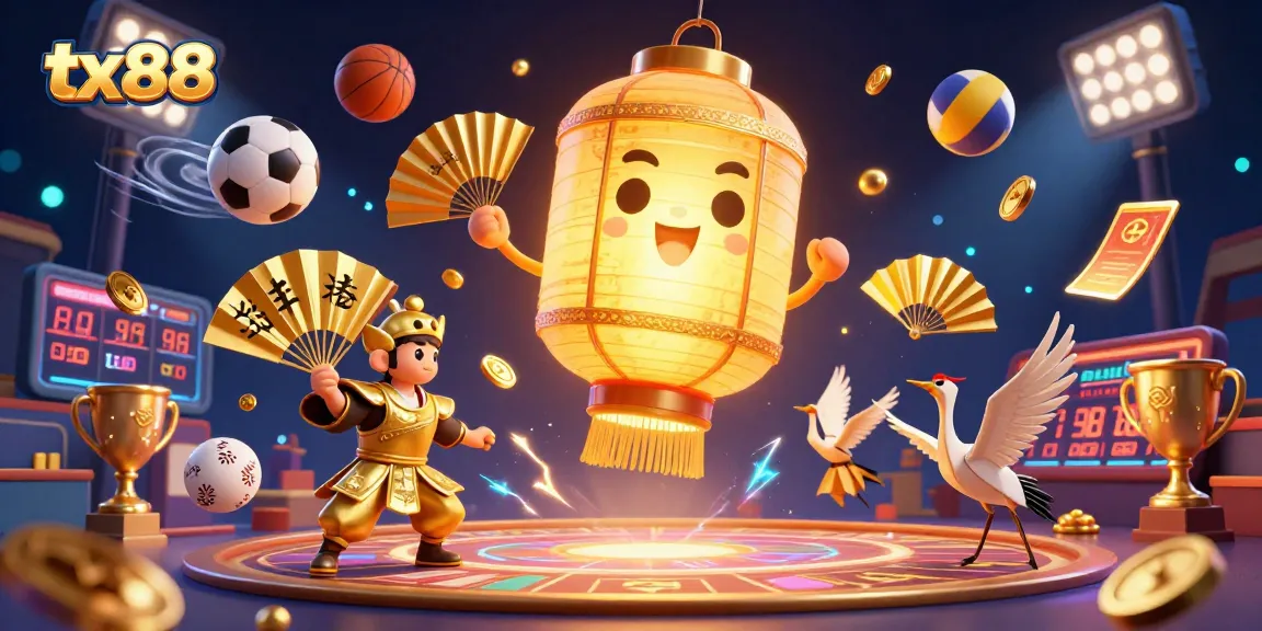 Experience tx88 in a vibrant 3D casino scene with glowing lanterns, sports balls, and golden treasures.