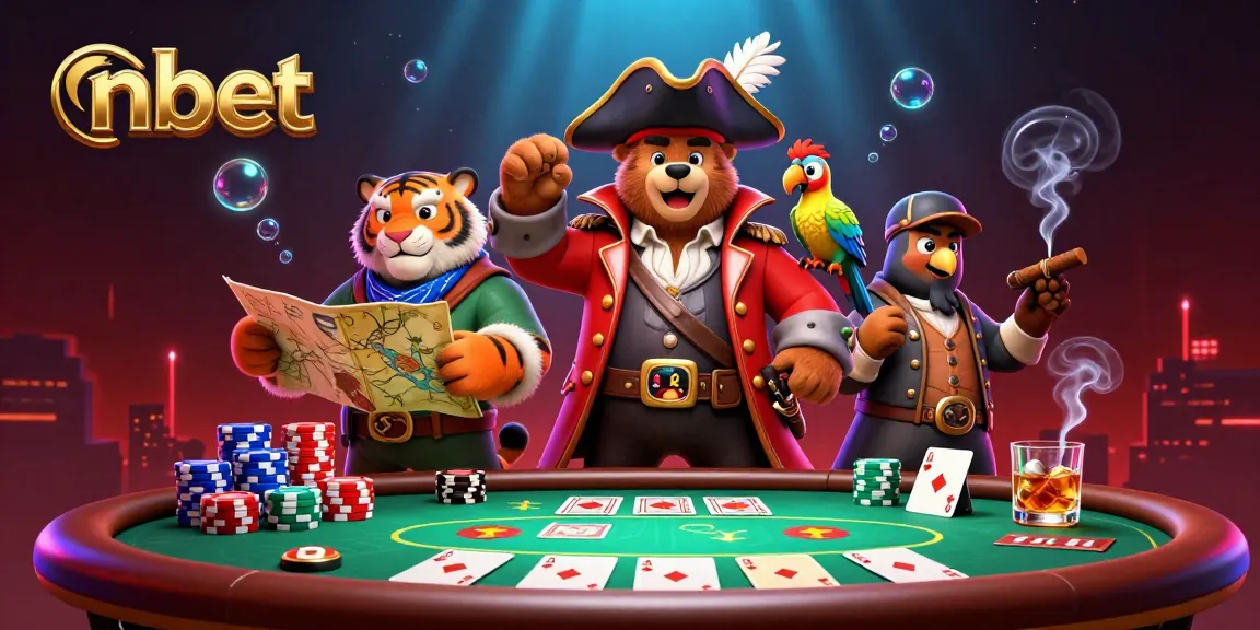 Engage with nbet's vibrant cartoon scene featuring a pirate bear, tiger, and parrot at a poker table.