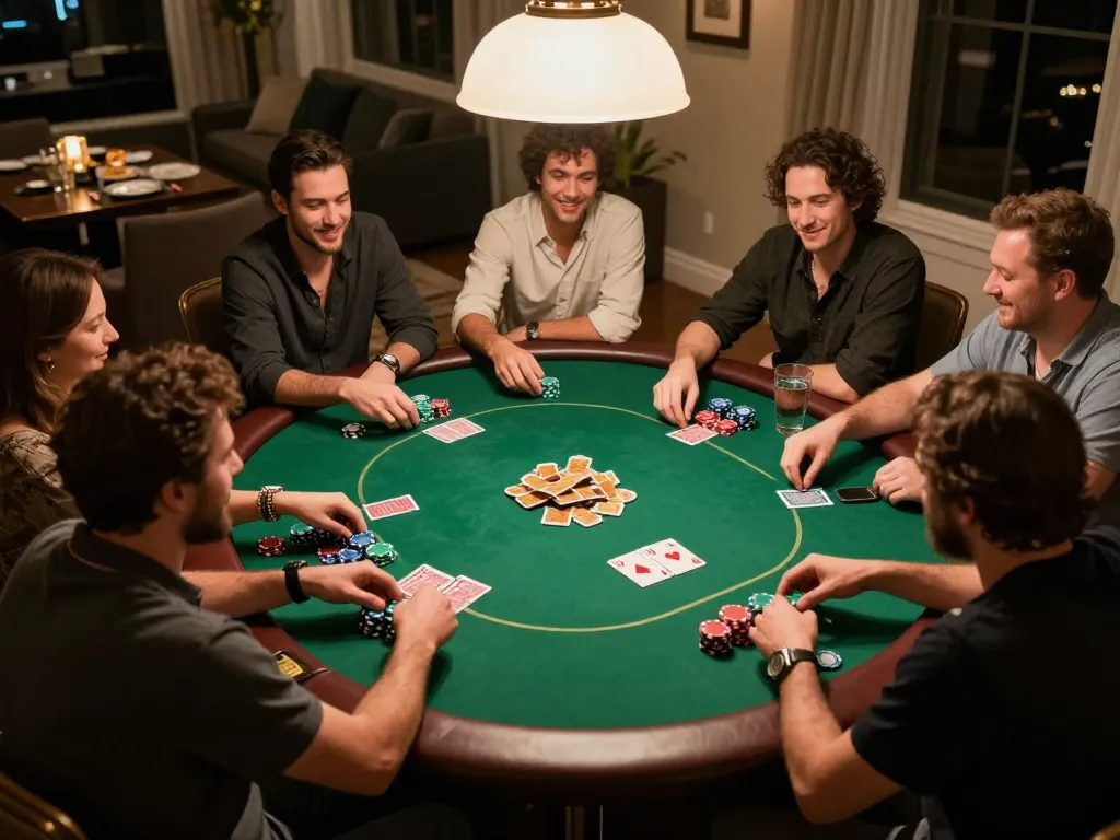 Engaged players enjoying a home poker night at https://mm88.blog/, showcasing lively gameplay and snacks.
