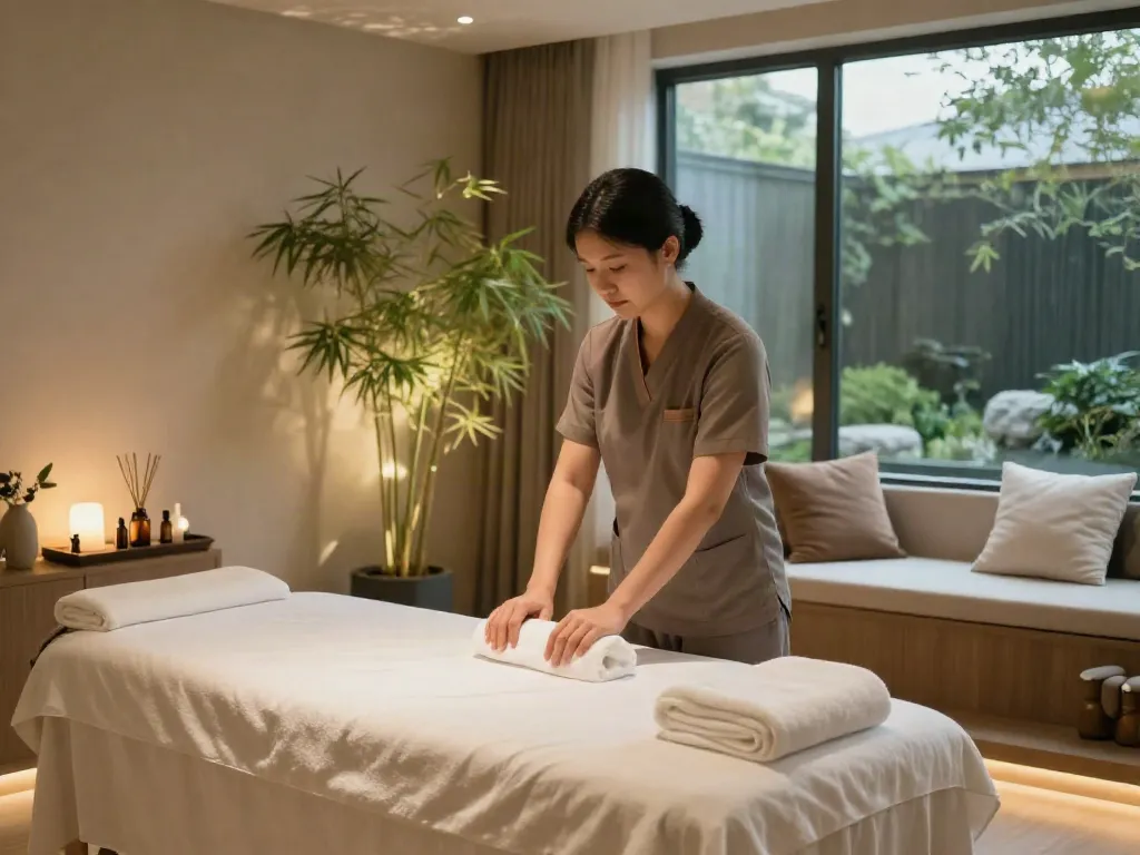 Tranquil spa scene ready for 인덕원출장안마 with soothing ambiance and fresh massage setup.