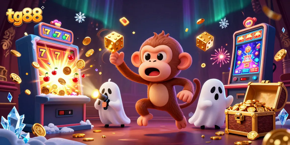 Engage with tg88 action-packed scene showcasing a mischievous poltergeist monkey juggling at a haunted casino.